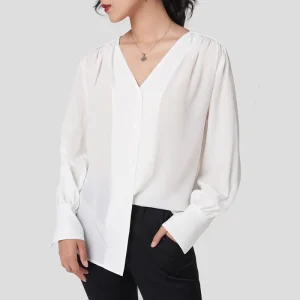 Camisa de seda para mujeres Mangas 100% largas V Cuello de seda BLUSIÓN