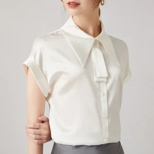 Camisas de seda para mujer Tops de seda pura de trabajo de manga corta