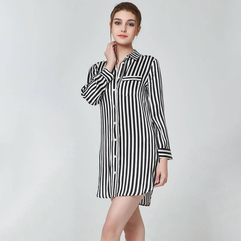 Camisa de sueño de seda raya para mujeres Noche de seda 100% a rayas