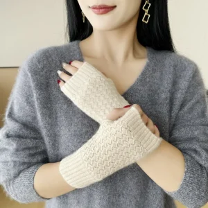 Guantes sin dedos 100% cachemira para mujer Calentadores de manos de cachemira de punto de diamante