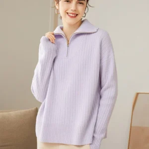 Cashmere de la mujer Media zip suéter waffle knit polo suéter de cachemira