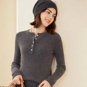 Cashmere acanalado de mujer Henley Sweater Neck y botón de cachemir Button