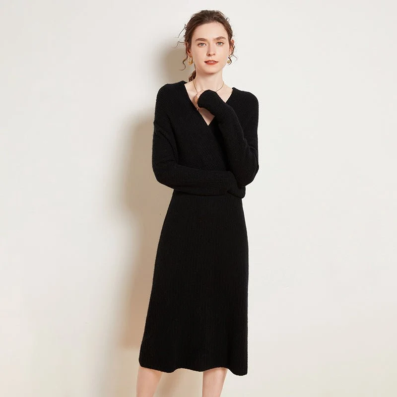 Vestido de envoltura de punto acantilado de cachemir para mujer Vestidos midi de cuello V cuello - Imagen 9