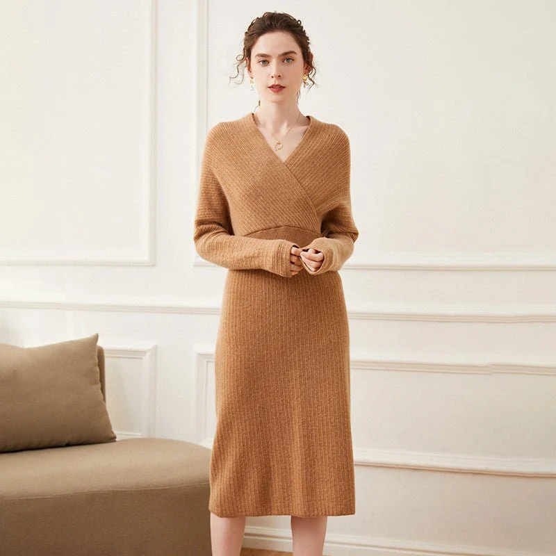 Vestido de envoltura de punto acantilado de cachemir para mujer Vestidos midi de cuello V cuello - Imagen 7