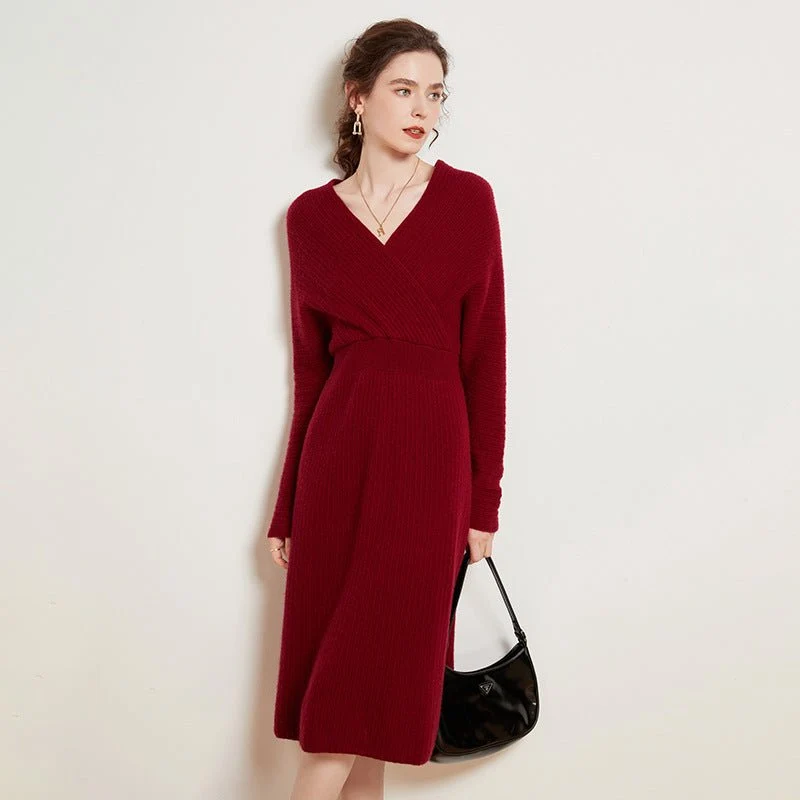 Vestido de envoltura de punto acantilado de cachemir para mujer Vestidos midi de cuello V cuello - Imagen 6