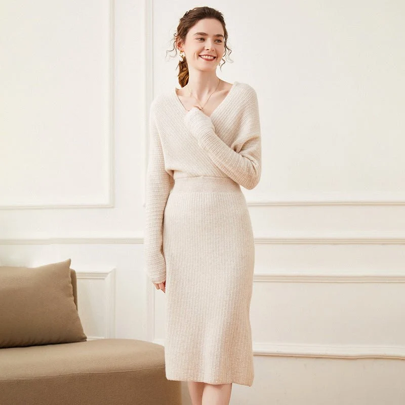 Vestido de envoltura de punto acantilado de cachemir para mujer Vestidos midi de cuello V cuello - Imagen 3