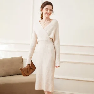 Vestido de envoltura de punto acantilado de cachemir para mujer Vestidos midi de cuello V cuello