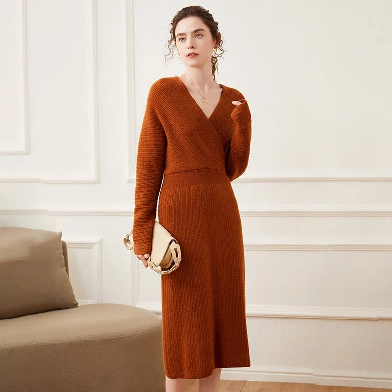 Vestido de envoltura de punto acantilado de cachemir para mujer Vestidos midi de cuello V cuello - Imagen 8