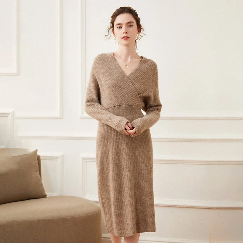 Vestido de envoltura de punto acantilado de cachemir para mujer Vestidos midi de cuello V cuello - Imagen 4