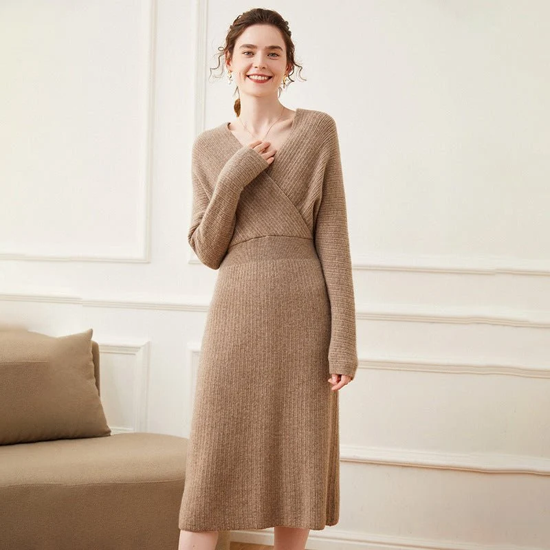 Vestido de envoltura de punto acantilado de cachemir para mujer Vestidos midi de cuello V cuello - Imagen 5