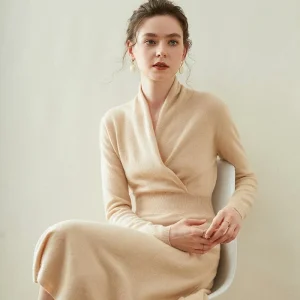 Vestido cruzado de cachemira para mujer Vestido midi elegante de manga larga