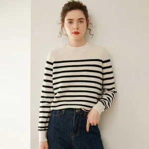 Womens Black and White Striped Crew Neck Cashmere Sweater