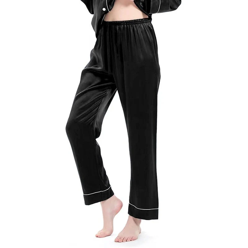 Pantalones de pijama de seda negra de mujer con tuberías blancas