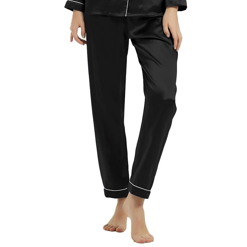 Pantalones de pijama de seda negra de mujer con tuberías blancas - Imagen 4