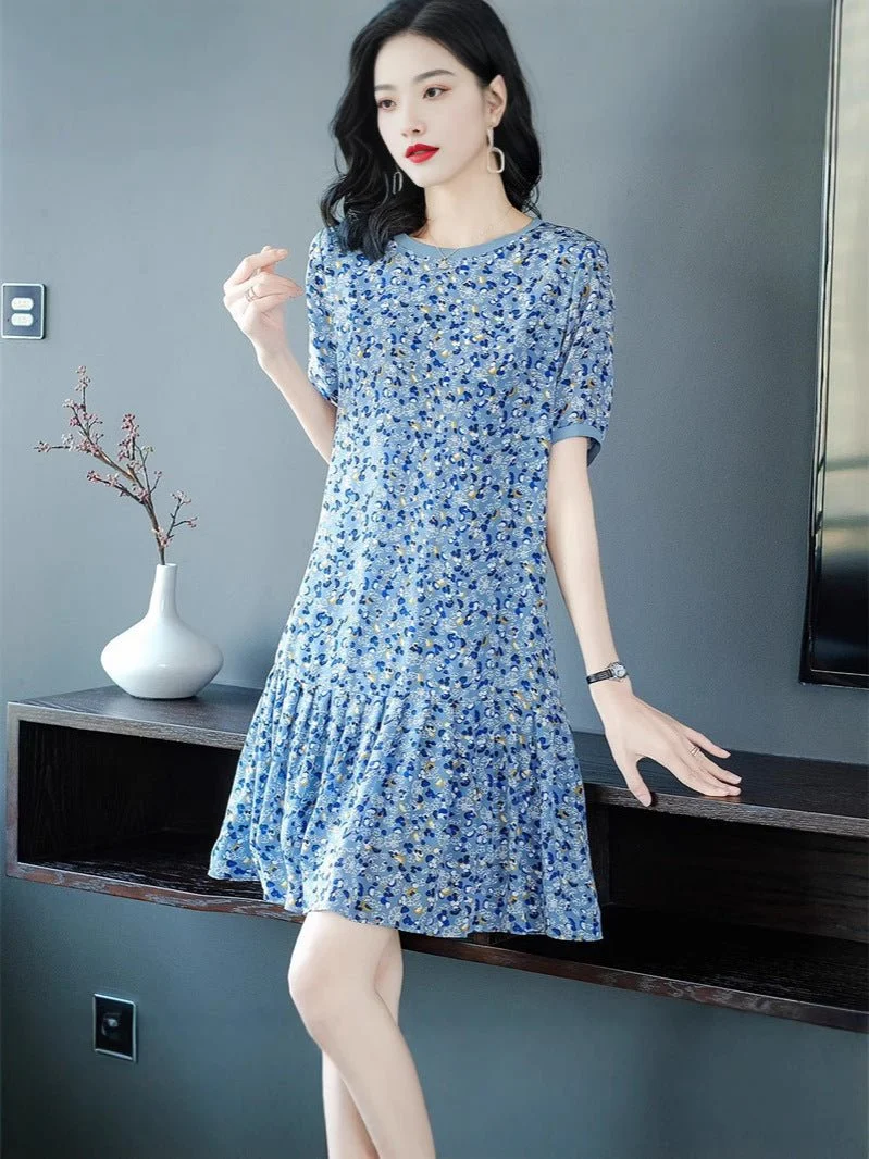 Minivestido de seda con estampado floral azul para mujer Vestido corto de seda con dobladillo con volantes - Imagen 3