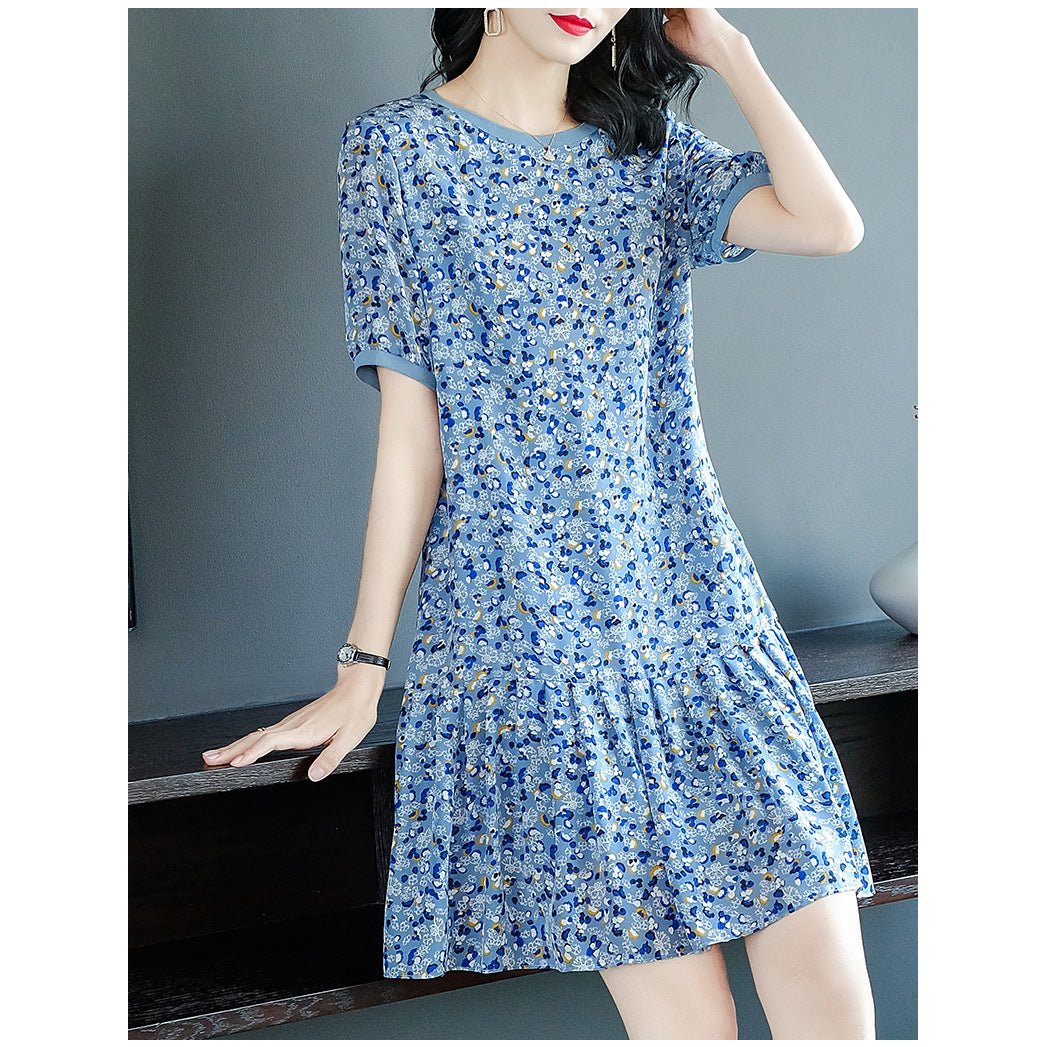 Minivestido de seda con estampado floral azul para mujer Vestido corto de seda con dobladillo con volantes