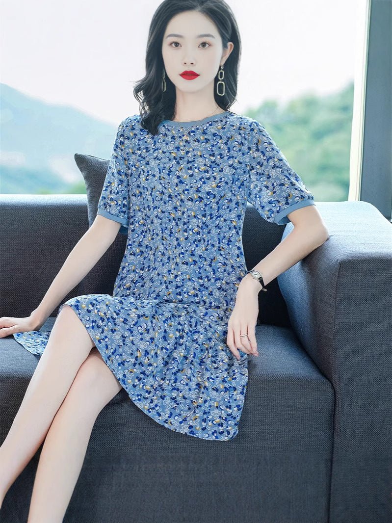 Minivestido de seda con estampado floral azul para mujer Vestido corto de seda con dobladillo con volantes - Imagen 4