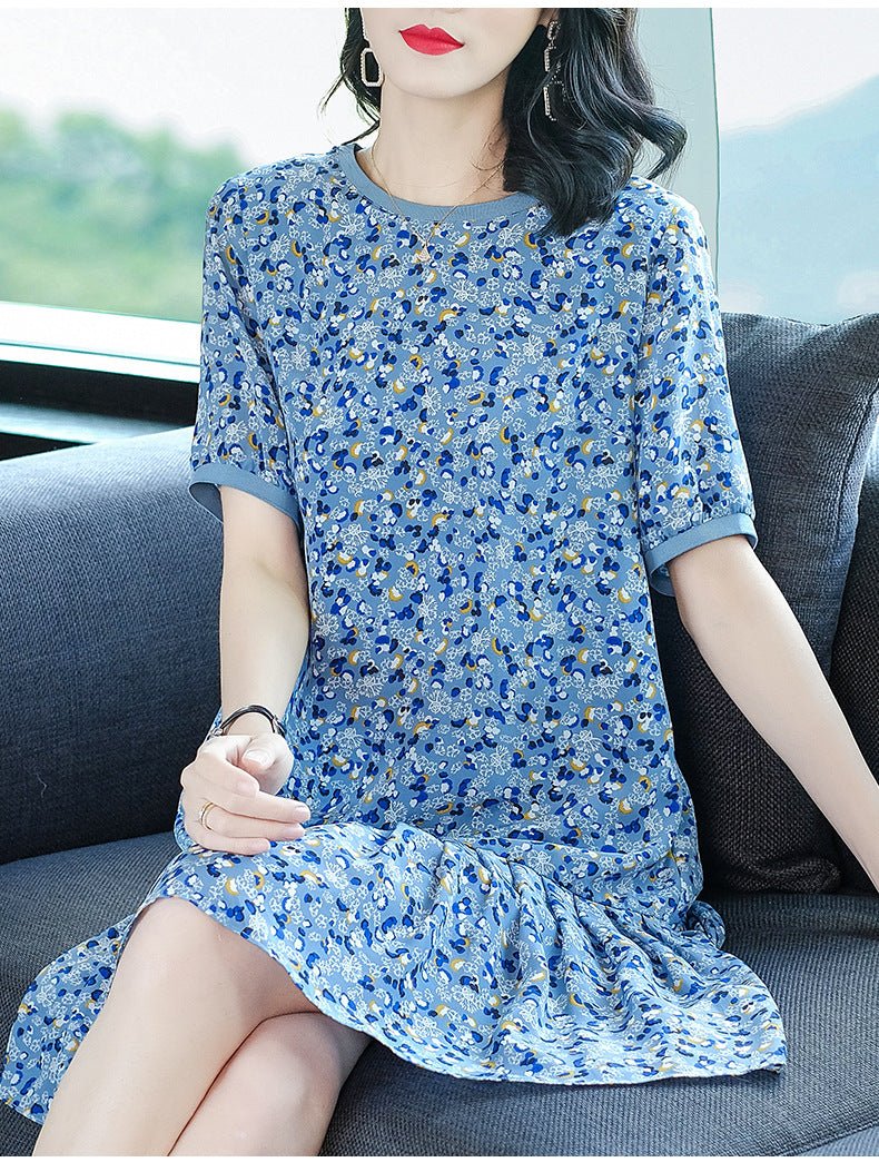 Minivestido de seda con estampado floral azul para mujer Vestido corto de seda con dobladillo con volantes - Imagen 5