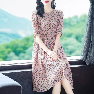 Vestido midi de seda rosa rubor para mujer Vestido largo de seda con estampado floral pequeño