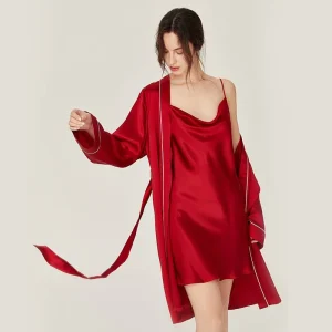 Conjuntos de dos piezas de camisón de seda con cuello vuelto para mujer
