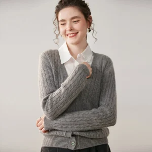 Womens Cable Knit Cashmere Cardigan Deep V Neck Cashmere Sweater