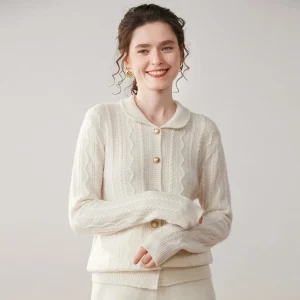 Cárdigan de cachemira de punto trenzado para mujer Suéter de cachemira con cuello Peter Pan