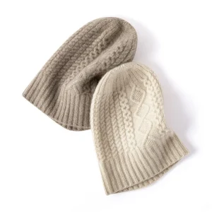Gorro de punto trenzado de pura cachemira para mujer con ribete acanalado