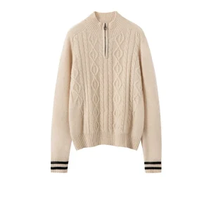 Womens Cable Knit Quarter-Zip Pure Cashmere Sweater Contrast Striped Cashmere Pullover