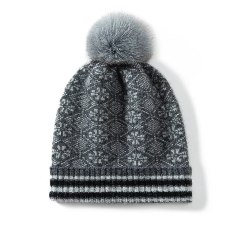 Fair Isle Cashmere Fur Pom Beanie Beaned Edge Sombreros de cachemira para mujeres - Imagen 5