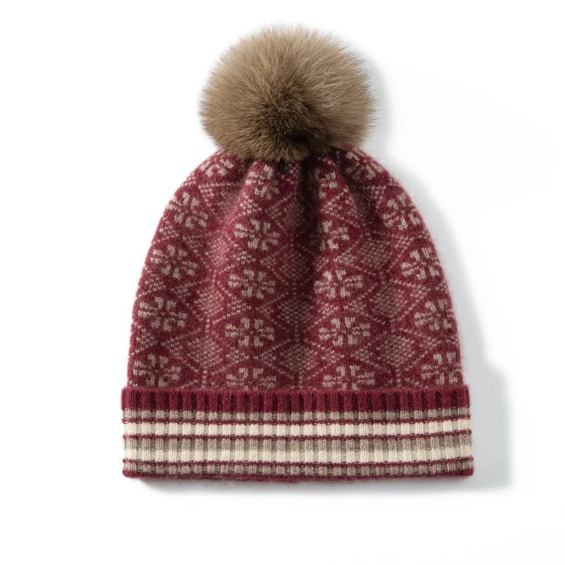 Fair Isle Cashmere Fur Pom Beanie Beaned Edge Sombreros de cachemira para mujeres - Imagen 6