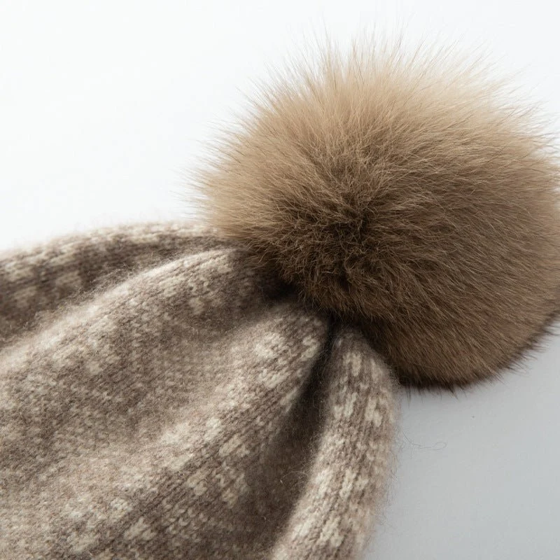 Fair Isle Cashmere Fur Pom Beanie Beaned Edge Sombreros de cachemira para mujeres - Imagen 3