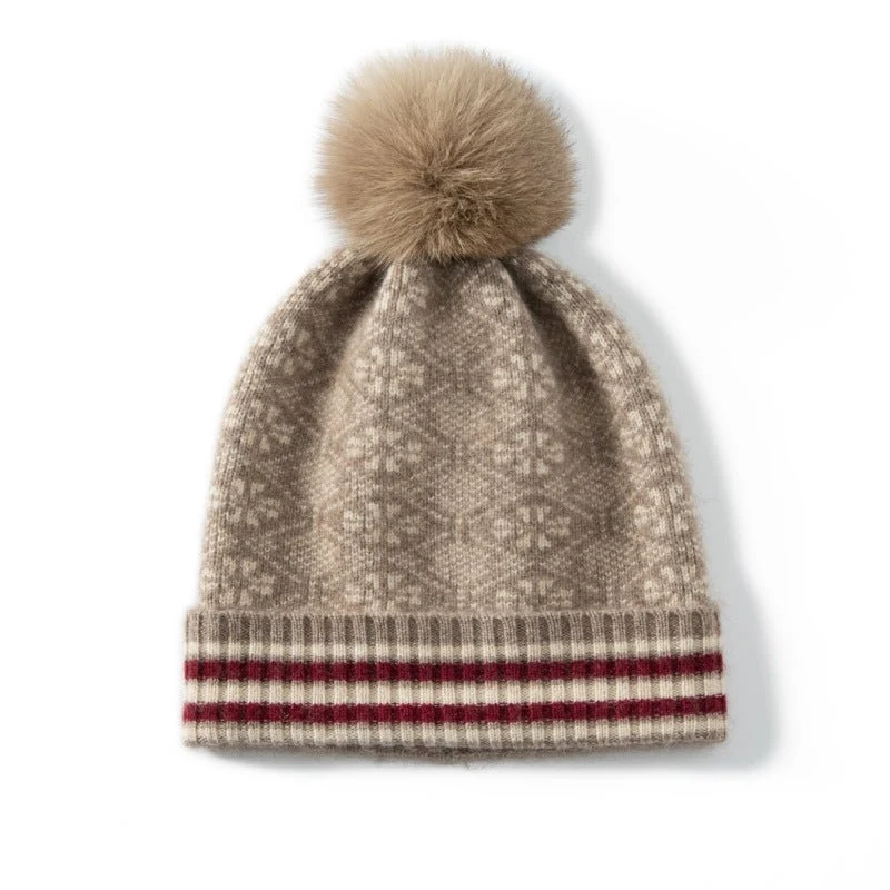 Fair Isle Cashmere Fur Pom Beanie Beaned Edge Sombreros de cachemira para mujeres