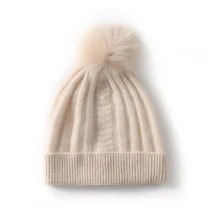 Gorro de cachemira para mujer con pompón de piel auténtica Gorro de cachemira con pompón extraíble