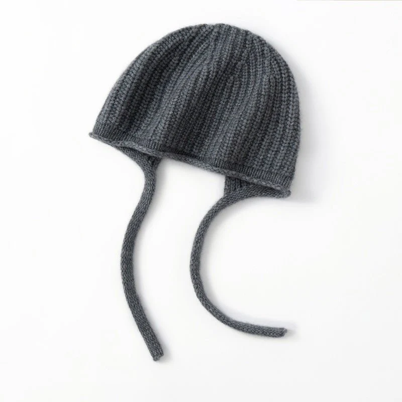 Gorro de invierno de punto acanalado con orejeras de pura cachemira y cordones para atar - Imagen 5