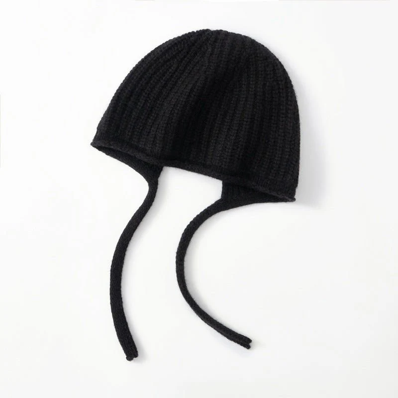 Gorro de invierno de punto acanalado con orejeras de pura cachemira y cordones para atar - Imagen 6