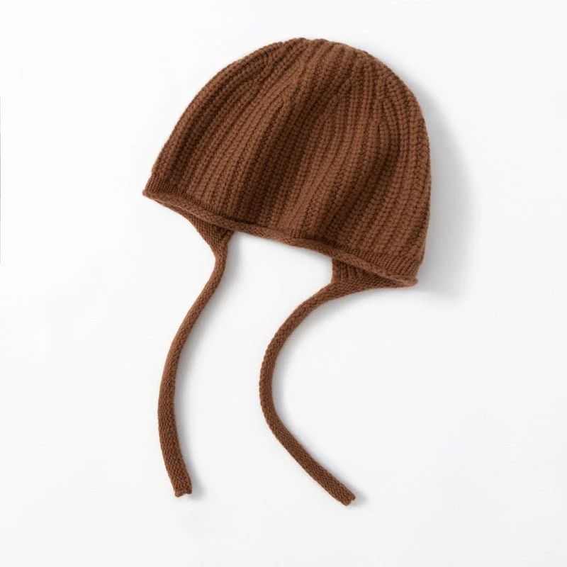 Gorro de invierno de punto acanalado con orejeras de pura cachemira y cordones para atar - Imagen 4