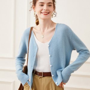 Cárdigan de cachemira para mujer, cuello en V, suéter de cachemira, chaqueta de punto frontal con botones