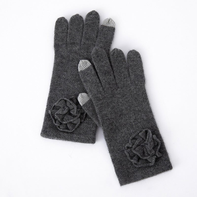 Guantes de cachemira con flores Dedos con pantalla táctil Mitones de punto puro - Imagen 2