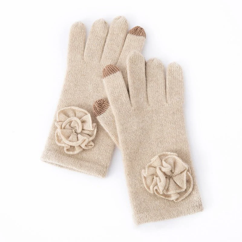Guantes de cachemira con flores Dedos con pantalla táctil Mitones de punto puro - Imagen 4
