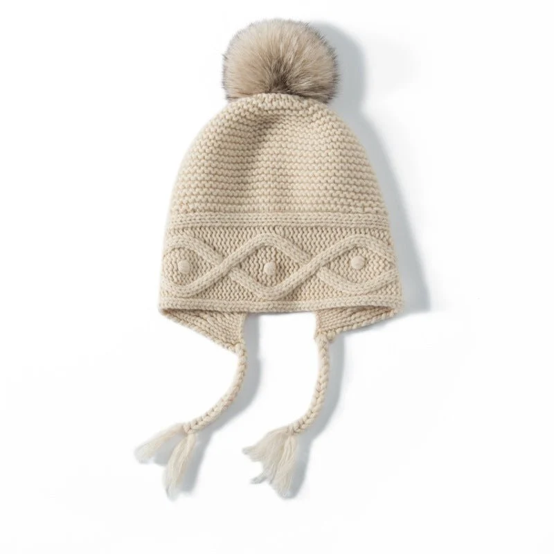 Gorro de cachemira con orejeras y pompón Gorro de invierno de punto de cachemira con lazos