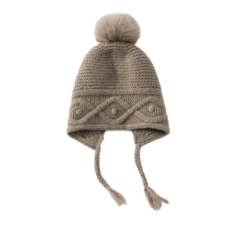 Gorro de cachemira con orejeras y pompón Gorro de invierno de punto de cachemira con lazos - Imagen 3