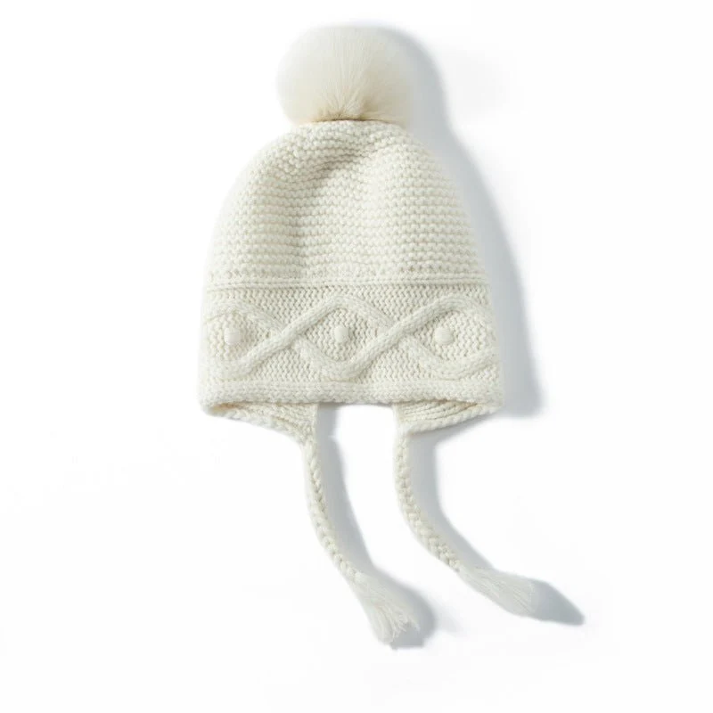 Gorro de cachemira con orejeras y pompón Gorro de invierno de punto de cachemira con lazos - Imagen 5