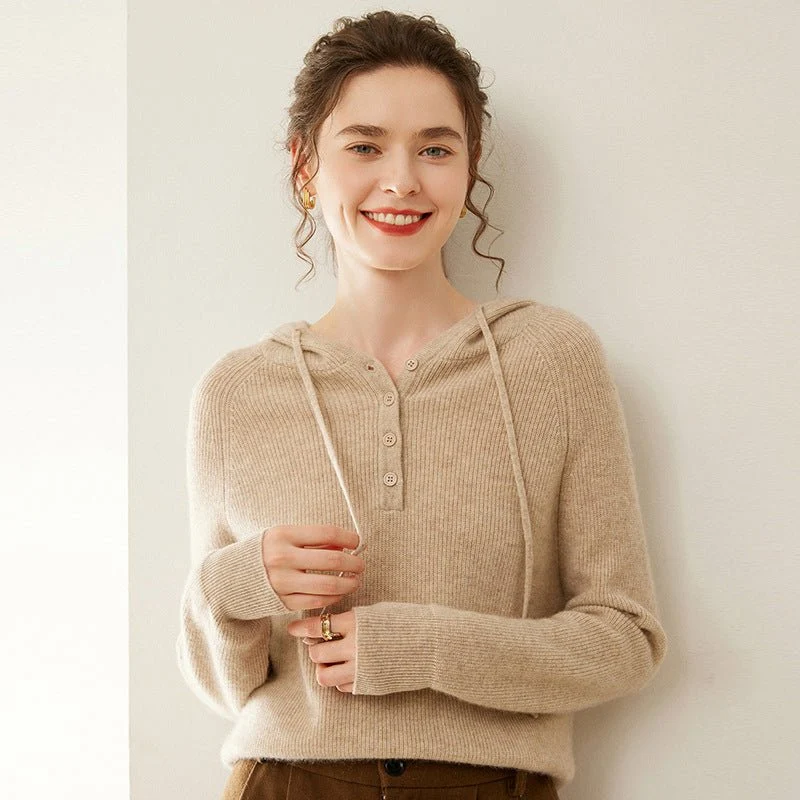 Suéter con capucha de cachemira para mujer Jersey de punto de cachemira con cuello con botones - Imagen 3