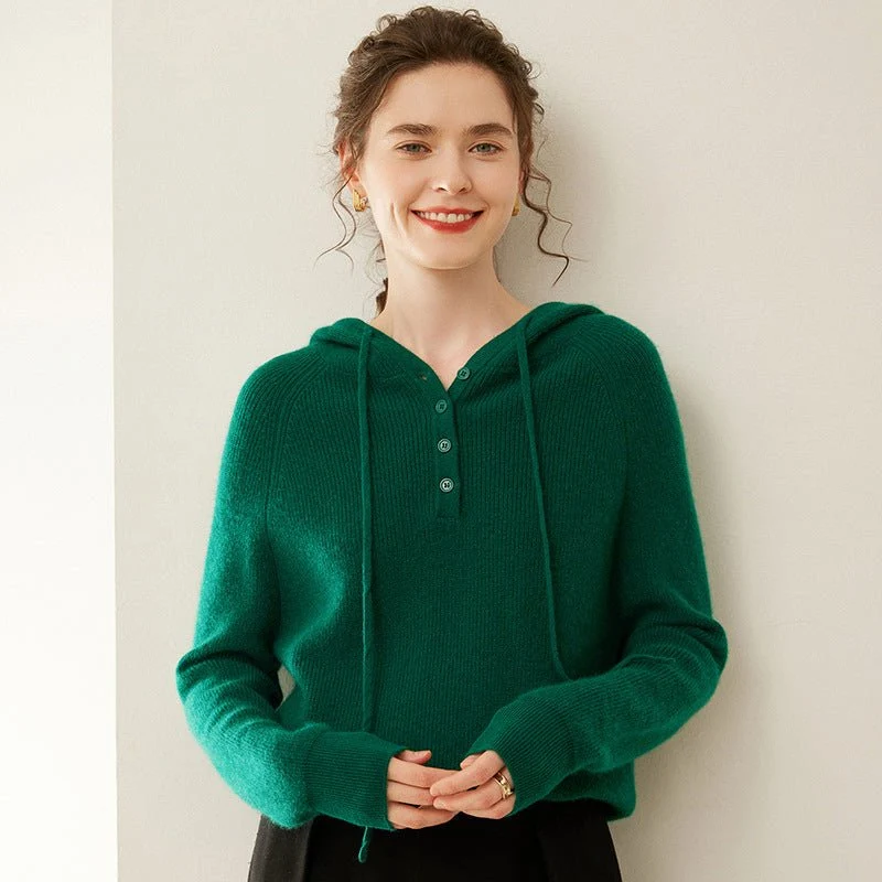 Suéter con capucha de cachemira para mujer Jersey de punto de cachemira con cuello con botones - Imagen 6