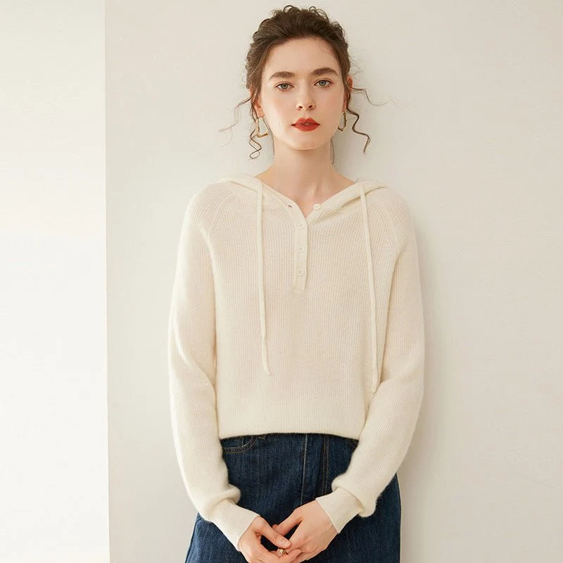 Suéter con capucha de cachemira para mujer Jersey de punto de cachemira con cuello con botones - Imagen 4