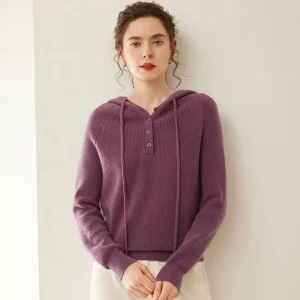 Suéter con capucha de cachemira para mujer Jersey de punto de cachemira con cuello con botones