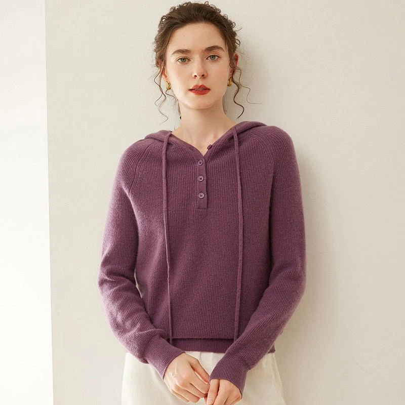Suéter con capucha de cachemira para mujer Jersey de punto de cachemira con cuello con botones - Imagen 2