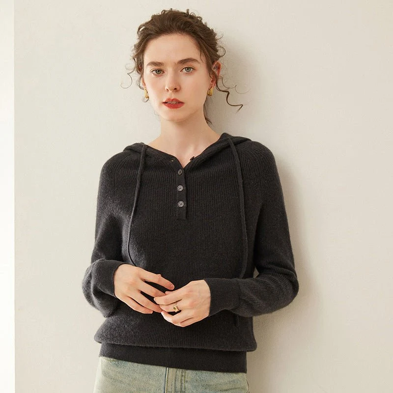 Suéter con capucha de cachemira para mujer Jersey de punto de cachemira con cuello con botones - Imagen 5