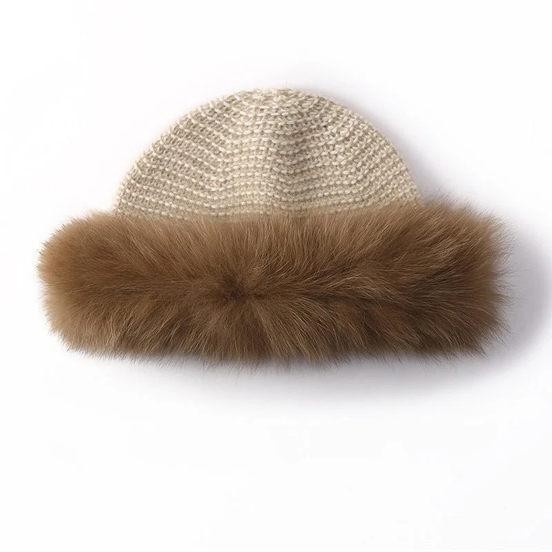 Gorro de punto de cachemira para mujer con ribete de piel auténtica Gorro de pescador de cachemira - Imagen 4