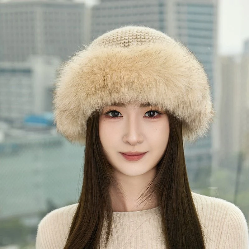 Gorro de punto de cachemira para mujer con ribete de piel auténtica Gorro de pescador de cachemira - Imagen 3
